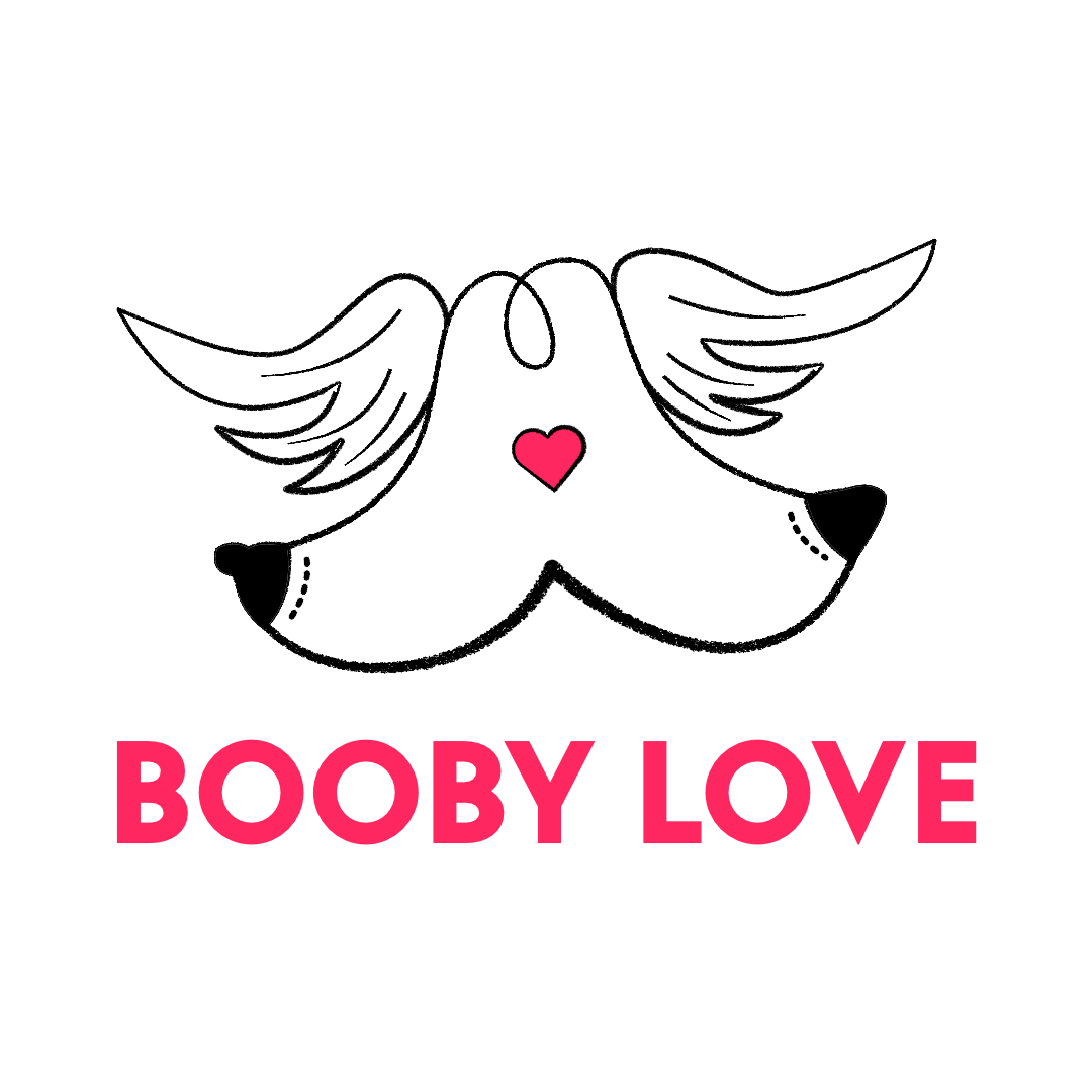 Illustration: Brüste mit Engelsflügeln und rotem Herzen und dem Schriftzug Booby Love.